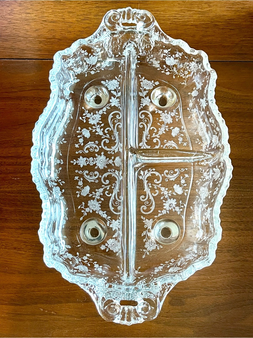 Vintage Cambridge Glass Rose Point 3 Part Divided Relish Dish Footed
